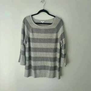 J Jill Gray Striped Metallic Sparkle Bell Sleeve  Linen Blend Sweater Sz …